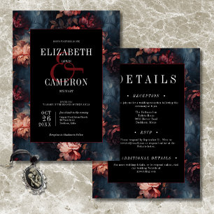 Convite Casamento Floral Vermelho e Rosa Vintage Escuro de