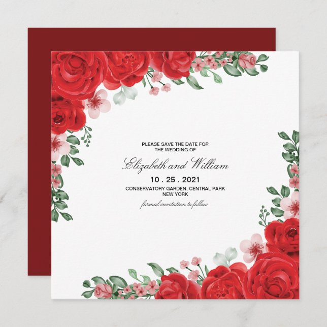 Convite Casamento Floral Vermelho Elegante Salvar A Data C (Frente/Verso)