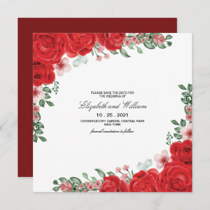 Convite Casamento Floral Vermelho Elegante Salvar A Data C
