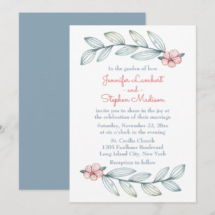 Convite Casamento Floral Vermelho Flor Azul Cinza Folha Bo