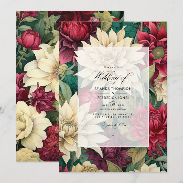 Convite Casamento Floral Vermelho Intenso, Creme e Verde F (Frente/Verso)