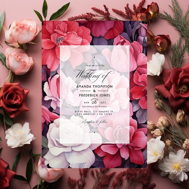 Convite Casamento Floral Vermelho Intenso, Rosa e Prata (Criador carregado)