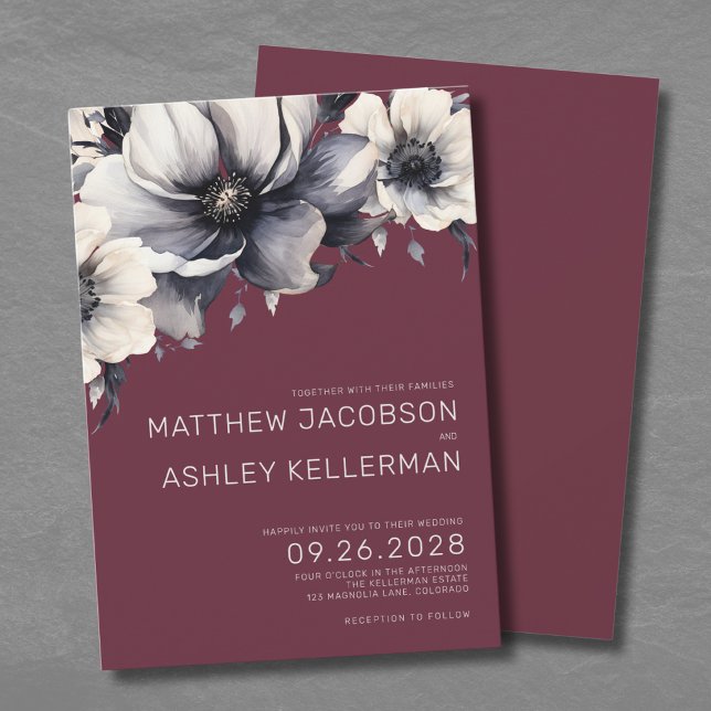 Convite Casamento Floral Vermelho Moderno Elegante Burgund (Modern Elegant Burgundy Red Floral Wedding Invitation)