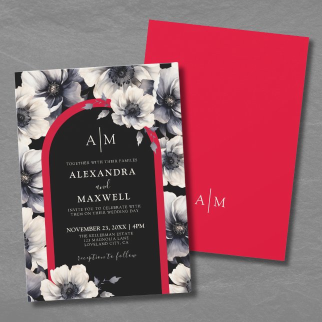 Convite Casamento Floral Vermelho Negro e Elegante (Elegant Modern Black Red Floral Wedding Invitation)