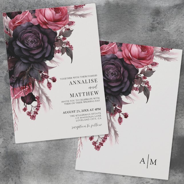 Convite Casamento Floral Vermelho Preto (Black Red Floral Wedding Invitation)