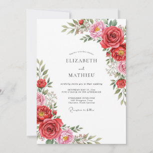 Convite Casamento Floral Vermelho Rosa Exuberante