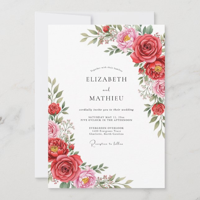 Convite Casamento Floral Vermelho Rosa Exuberante (Frente)