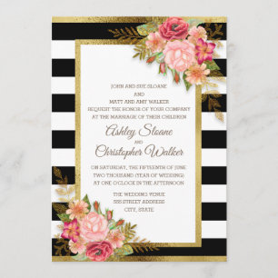 Convite Casamento Floral Vermelho Rosa Preto Branco Dourad