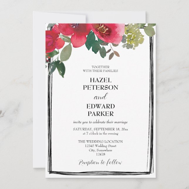 Convite Casamento Floral Vermelho Rosa Vermelha Elegante (Frente)