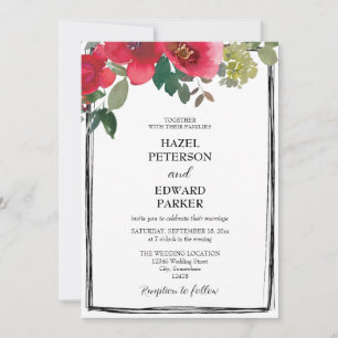 Convite Casamento Floral Vermelho Rosa Vermelha Elegante