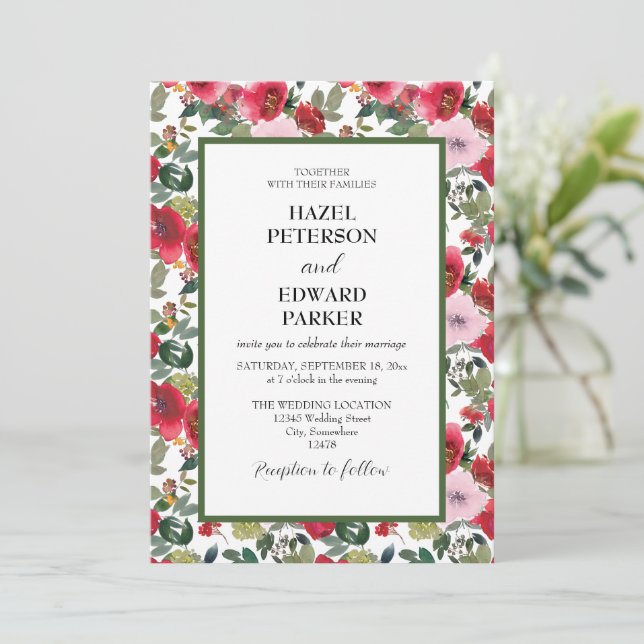 Convite Casamento Floral Vermelho Rosa Vermelha Elegante (Em pé/Frente)