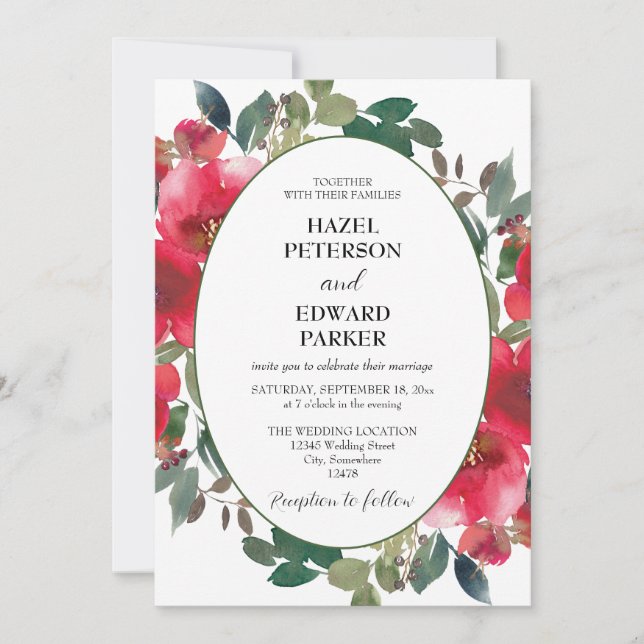 Convite Casamento Floral Vermelho Rosa Vermelha Elegante (Frente)