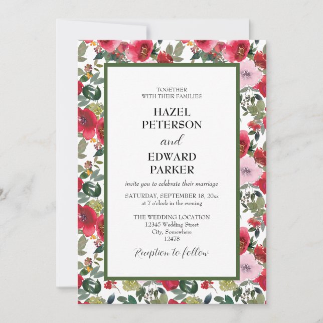 Convite Casamento Floral Vermelho Rosa Vermelha Elegante (Frente)