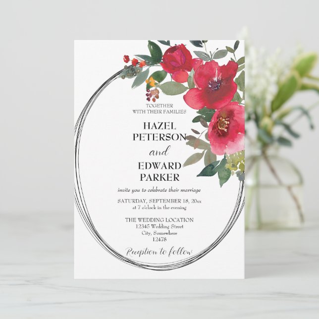 Convite Casamento Floral Vermelho Rosa Vermelha Elegante (Em pé/Frente)