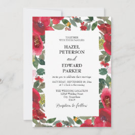 Convite Casamento Floral Vermelho Rosa Vermelha Elegante