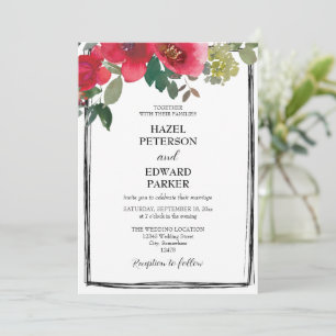 Convite Casamento Floral Vermelho Rosa Vermelha Elegante