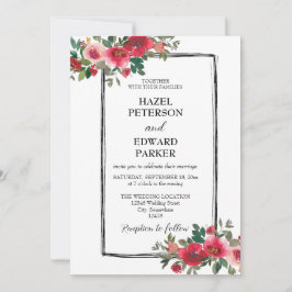 Convite Casamento Floral Vermelho Rosa Vermelha Elegante