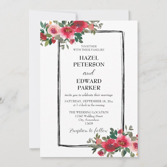 Convite Casamento Floral Vermelho Rosa Vermelha Elegante (Frente)