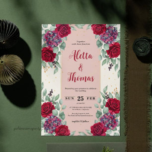 Convite Casamento Floral Vermelho Sombrio e Violeta Ameixa
