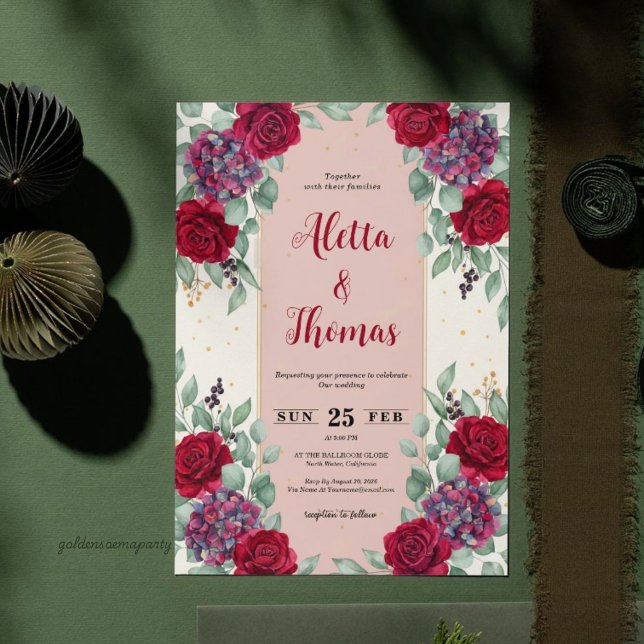 Convite Casamento Floral Vermelho Sombrio e Violeta Ameixa (Moody Red and Plum Purple Floral Wedding Invitation)