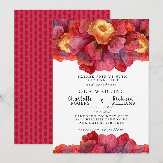 Convite Casamento Floral Vermelho Tuscan Bold e Vibrante (Frente/Verso)