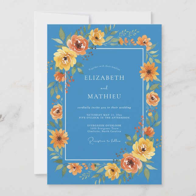Convite Casamento Floral Vibrante Azul de Primavera (Frente)