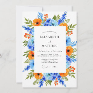 Convite Casamento Floral Vibrante Azul Laranja