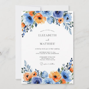 Convite Casamento Floral Vibrante Azul Laranja