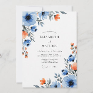 Convite Casamento Floral Vibrante Azul Laranja