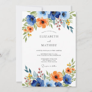 Convite Casamento Floral Vibrante Azul Laranja