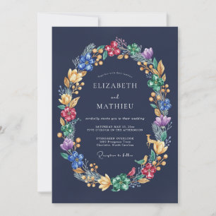 Convite Casamento Floral Vibrante Azul Marinho
