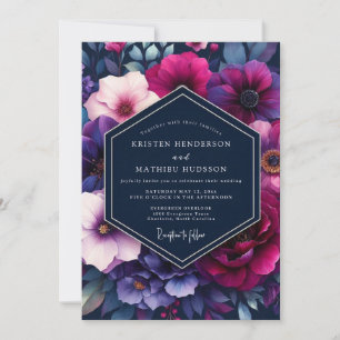 Convite Casamento Floral Vibrante Azul Marinho e Magenta