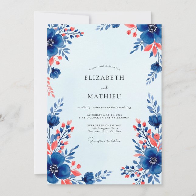Convite Casamento Floral Vibrante Azul Real (Frente)