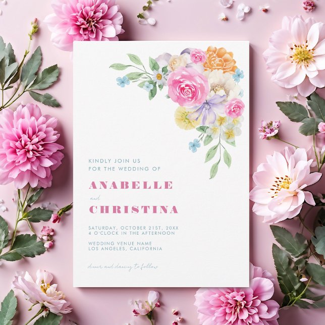 Convite Casamento Floral Vibrante Azul-Rosa Lilac Aquarela (Criador carregado)