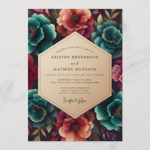 Convite Casamento Floral Vibrante Azul-Verde e Carmesim