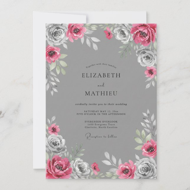 Convite Casamento Floral Vibrante Cinza (Frente)