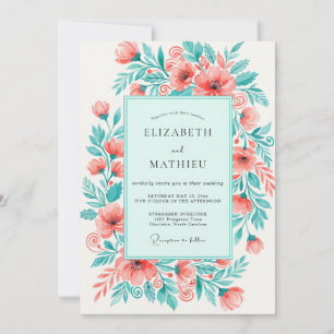 Convite Casamento Floral Vibrante Coral Mint