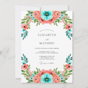Convite Casamento Floral Vibrante Coral Turquesa