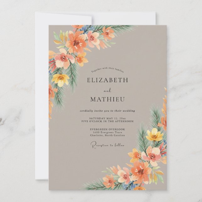 Convite Casamento Floral Vibrante de Pêssego (Frente)