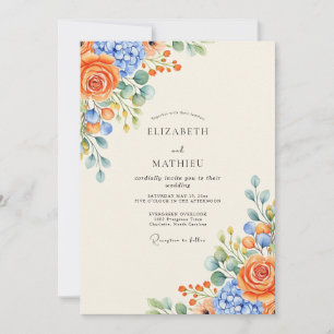 Convite Casamento Floral Vibrante de Vinca Roxa e Laranja