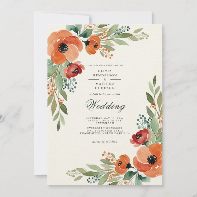 Convite Casamento Floral Vibrante Laranja da Floresta (Frente)