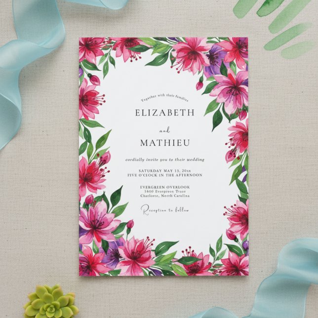 Convite Casamento Floral Vibrante Magenta (Criador carregado)