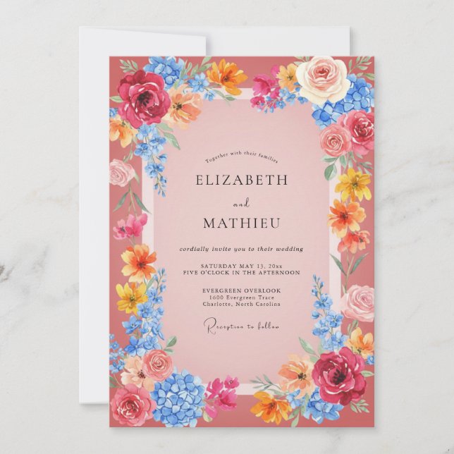 Convite Casamento Floral Vibrante Rosa (Frente)