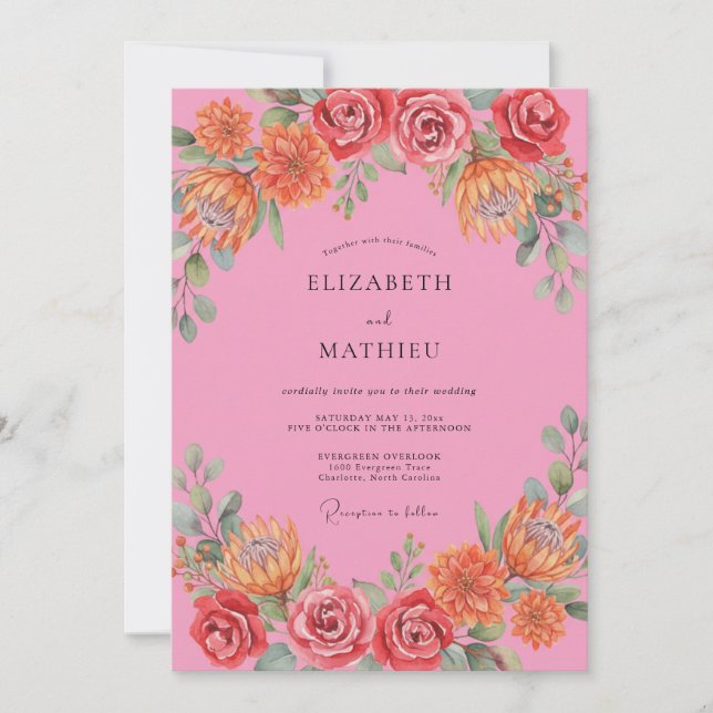 Convite Casamento Floral Vibrante Rosa (Frente)