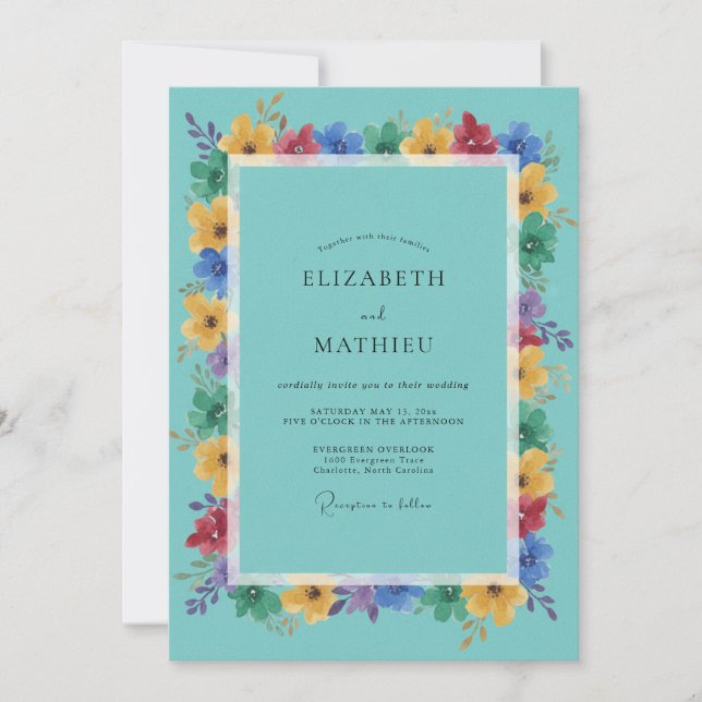Convite Casamento Floral Vibrante Turquesa (Frente)
