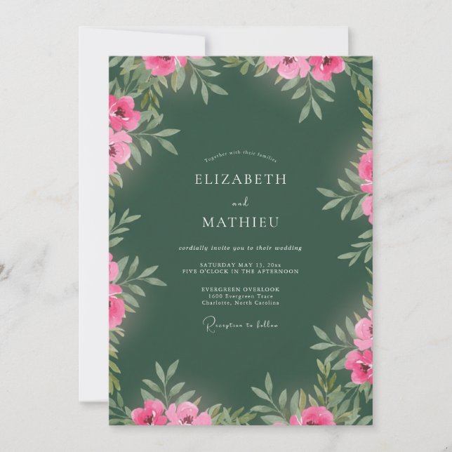 Convite Casamento Floral Vibrante Verde Floresta (Frente)