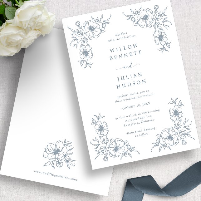 Convite Casamento Floral Vintage Azul (Blue Vintage Floral Wedding Invitation
)