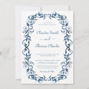 Convite Casamento Floral Vintage Azul Elegante