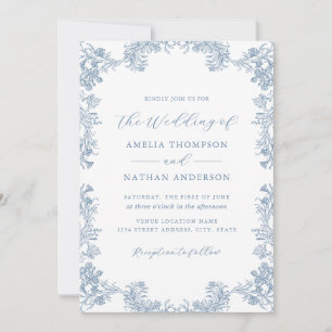 Convite Casamento Floral Vintage Azul Empoeirado