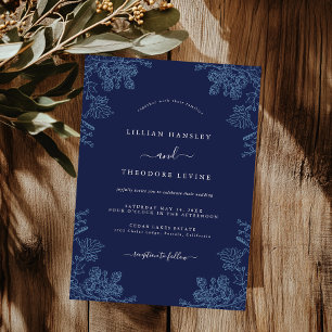 Convite Casamento Floral Vintage Azul Marinho Elegante